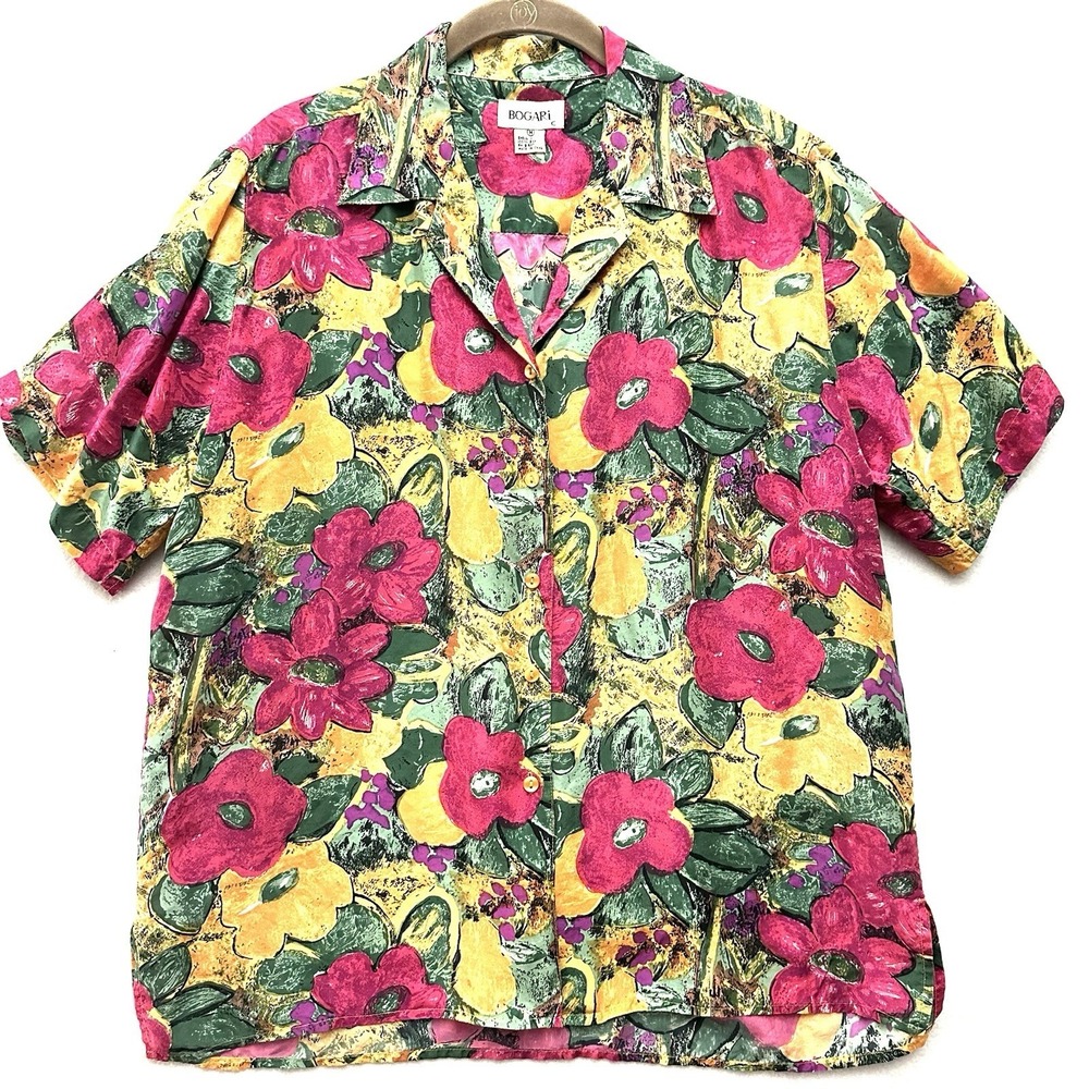 Bogari 100% Silk Shirt Women's M Medium Relaxed Floral Hawaiian Aloha Blouse Top